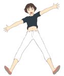  1girl brown_eyes brown_hair full_body gake_no_ue_no_ponyo jas looking_at_viewer midriff navel open_mouth outstretched_arms pants risa_(ponyo) shirt shoes short_hair smile solo studio_ghibli white_background 