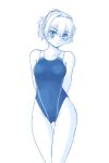  1girl arms_behind_back bare_shoulders blush breasts collarbone frown gomi_(gomitin) hips legs long_hair mizuhashi_parsee monochrome one-piece_swimsuit pointy_ears ponytail short_hair solo swimsuit thigh_gap touhou 