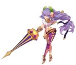  1girl artist_request asymmetrical_clothes character_request copyright_request floating_hair full_body high_heels holding lance long_hair low-tied_long_hair navel polearm purple_hair simple_background solo transparent_background very_long_hair weapon 