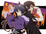  1672 2boys animal_ears back-to-back bat_wings black_hair brown_eyes cape crescent_moon earrings fang fingernails gloves grin halloween hood jewelry kashuu_kiyomitsu male_focus moon multiple_boys namazuo_toushirou one_eye_closed pointy_ears ponytail red_eyes sharp_fingernails smile tail touken_ranbu violet_eyes white_gloves wings wolf_ears wolf_tail 