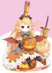  &gt;:t 1girl :t armored_boots bat_wings blonde_hair blue_eyes blush bow bowtie candy charlotte_(granblue_fantasy) chocolate cookie dress food full_body gauntlets granblue_fantasy hair_bow halloween highres jack-o&#039;-lantern lollipop long_hair muku_(muku-coffee) orange_dress pointy_ears pout puffy_sleeves pumpkin sitting solo swirl_lollipop sword tears very_long_hair weapon wings wrapped_candy 
