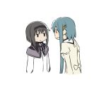  2girls akemi_homura black_hair blank_stare blue_hair comic expressionless flat_gaze hairband mahou_shoujo_madoka_magica miki_sayaka multiple_girls oda_takayuki school_uniform short_hair sidelocks simple_background 