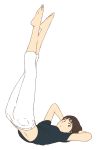  1girl arms_behind_head barefoot brown_eyes brown_hair capri_pants expressionless feet_together full_body gake_no_ue_no_ponyo jas legs_together legs_up looking_at_viewer lying on_back pants risa_(ponyo) shirt short_hair solo studio_ghibli white_background 