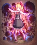  1girl blonde_hair darkness frilled_skirt frills furim hair_ribbon highres mary_janes outstretched_arms red_eyes ribbon rumia shirt shoes short_hair skirt smile solo spread_arms touhou vest 