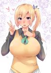  1girl blonde_hair breasts heart kawakami_mai large_breasts long_hair looking_at_viewer mole mole_under_eye musaigen_no_phantom_world side_ponytail sinonomescocoa smile solo v violet_eyes 