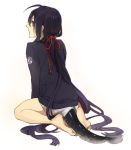  1boy ahoge black_hair fish_tail from_behind long_hair looking_back male_focus namazuo_toushirou object_namesake ponytail sitting tail tobacco_(artist) touken_ranbu very_long_hair violet_eyes 