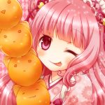  1girl ;p close-up face gulico_(otoca_doll) hairband japanese_clothes kimono long_hair mashiro_(pixiv10823726) one_eye_closed otoca_doll pink pink_background pink_eyes pink_hair smile solo tongue tongue_out yukata 