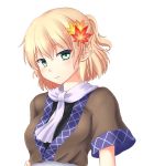  1girl autumn_leaves blonde_hair gomi_(gomitin) green_eyes hair_ornament leaf_hair_ornament light_smile looking_at_viewer mizuhashi_parsee pointy_ears scarf shirt short_sleeves solo touhou upper_body 