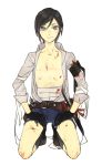  1boy bandages belt black_gloves black_hair blood bloody_clothes gloves injury kneeling male_focus open_clothes open_shirt sarashi seiza shirt shorts sitting smile tobacco_(artist) touken_ranbu violet_eyes yagen_toushirou 