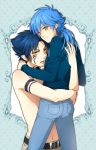  2boys :p ass belt blue_hair blush denim dramatical_murder earrings fang highres holding jeans jewelry kuronohana long_hair male_focus multiple_boys navel pants pointy_ears ren_(dramatical_murder) seragaki_aoba shirtless short_hair smile tattoo tongue tongue_out yaoi yellow_eyes 