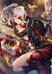  asymmetrical_clothes collarbone ddaomphyo eyepatch gloves grey_hair highres ponytail rapier single_glove single_thighhigh slit_pupils smile sword thigh-highs weapon yellow_eyes 