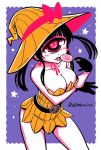  1girl black_gloves black_hair blush breasts candy cleavage cowboy_shot cyclops earrings gloves halloween halloween_costume hat heart heart_earrings hitomi_sensei_no_hokenshitsu jewelry licking lollipop manaka_hitomi one-eyed red_eyes shake-o solo twitter_username witch_hat 