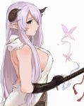  1girl black_gloves blush breasts butterfly demon_horns fingerless_gloves from_side gloves granblue_fantasy hair_over_one_eye horns katana large_breasts long_hair looking_at_viewer narumeia_(granblue_fantasy) pointy_ears purple_hair shibasaki_shouji sideboob sidelocks simple_background solo sword violet_eyes weapon white_background 