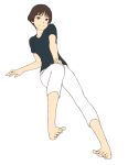  1girl arm_rest barefoot brown_eyes brown_hair capri_pants foreshortening full_body gake_no_ue_no_ponyo hand_on_own_knee jas knee_up looking_at_viewer pants risa_(ponyo) shirt short_hair smile solo studio_ghibli white_background 