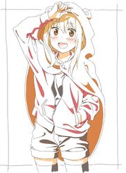  1girl animal_costume blonde_hair blush brown_eyes doma_umaru gengoru shorts solo sweater thigh-highs 