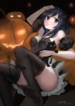  1girl absurdres aragaki_ayase arm_up bare_shoulders black_dress black_eyes black_hair black_legwear black_panties cat demon_girl demon_girl_(cosplay) demon_horns demon_tail detached_sleeves dress halloween hand_on_head highres horns jack-o&#039;-lantern kamachi_kamachi-ko ore_no_imouto_ga_konna_ni_kawaii_wake_ga_nai panties pantyshot pantyshot_(sitting) puffy_short_sleeves puffy_sleeves short_sleeves sitting solo strapless_dress tail thigh-highs thighs underwear 