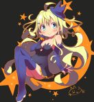  1girl ahoge blonde_hair blue_eyes blush boots cat_hair_ornament cleavage_cutout commentary_request crescent dress elbow_gloves fingerless_gloves gloves hair_ornament halloween hand_on_own_cheek hat highres kuro_(kuroneko_no_kanzume) long_hair original smile solo star thigh-highs thigh_boots witch witch_hat wristband 