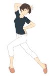  1girl brown_hair closed_eyes full_body gake_no_ue_no_ponyo hand_behind_head hand_on_hip jas pants pose risa_(ponyo) shirt shoes short_hair slippers solo studio_ghibli 