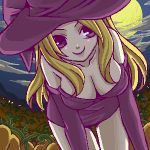  1girl blonde_hair breasts cleavage clouds deneb_rove dress elbow_gloves farm field gloves hat kokutou_eiri leaning_forward lips long_hair looking_at_viewer lowres moon night oekaki ogre_battle pumpkin purple_dress purple_gloves smile solo strapless_dress thighs violet_eyes witch witch_hat 