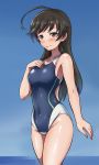  1girl ahoge black_eyes black_hair blush breasts competition_swimsuit girls_und_panzer hand_on_own_chest highres isuzu_hana long_hair looking_at_viewer one-piece_swimsuit one_eye_closed smile solo solokov_(okb-999) swimsuit 