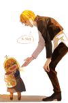  1boy 1girl ahoge artoria_pendragon_(all) child coat crying cute dress fate/stay_night fate/zero fate_(series) gilgamesh halloween hand_on_hip jar jisue10 korean long_sleeves looking_down looking_up open_mouth outstretched_hand ponytail saber scared squatting tears translation_request 