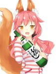  1girl alcohol animal_ears bare_shoulders blush bra breasts caster_(fate/extra) fate/extra fate_(series) fox_ears fox_tail hair_ribbon highres long_hair looking_at_viewer open_mouth pink_bra pink_hair ribbon sake saliva simple_background solo tail twintails underwear white_background yellow_eyes 