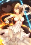 1girl artist_name blonde_hair blue_eyes breasts cleavage covered_navel elbow_gloves fire gloves hananon long_hair original smile solo sword twintails weapon white_gloves 