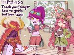  3girls armor class dragon english goggles goggles_on_head hat helmet league_of_legends long_hair lulu_(league_of_legends) map multiple_girls nisimorou open_mouth pointy_ears ponytail purple_hair purple_skin shyvana tristana white_hair yordle 