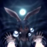  1girl animal_ears blue_dress blue_hair blush collarbone commentary_request crying dress full_moon miata_(pixiv) moon night rabbit_ears red_eyes reflection seiran_(touhou) soaking_hands solo touhou water 