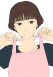  1girl adjusting_clothes apron brown_eyes brown_hair gake_no_ue_no_ponyo jas looking_down portrait risa_(ponyo) shirt short_hair smile solo strap_lift studio_ghibli white_background 