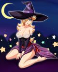 barefoot blonde_hair blue_eyes breasts cleavage detached_sleeves dragon&#039;s_crown dress hair_over_one_eye hat highres large_breasts long_hair super_mario_bros. rosetta_(mario) sigurdhosenfeld sorceress_(dragon&#039;s_crown) sorceress_(dragon&#039;s_crown)_(cosplay) strapless_dress super_mario_bros. super_mario_galaxy witch_hat 