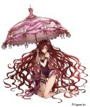  1girl anna_(granblue_fantasy) arm_garter barefoot frills full_body garters granblue_fantasy hair_over_one_eye holding knees_together_feet_apart long_hair minaba_hideo official_art redhead simple_background solo stuffed_animal stuffed_toy swimsuit umbrella very_long_hair white_background 
