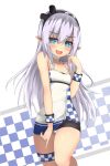  1girl blue_eyes blush checkered choker collarbone elsword hairband highres linez long_hair luciela_r._sourcream panties pointy_ears racequeen silver_hair simple_background solo underwear white_background white_panties 