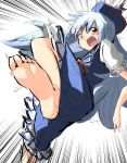  &gt;:o 1girl :o angry bangs blue_dress blue_hair cowboy_shot dress emphasis_lines feet foreshortening hair_between_eyes hat highres incoming_attack kamishirasawa_keine long_hair looking_at_viewer multicolored_hair neckerchief open_mouth pov_feet red_eyes short_sleeves silver_hair simple_background sketch soles solo toes touhou tsurime two-tone_hair usagi_(touhopu2) white_background 