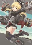  1girl anchor_hair_ornament blonde_hair blush boots breasts gloves hair_ornament hat jumping kantai_collection long_hair military military_uniform open_mouth panties peaked_cap prinz_eugen_(kantai_collection) satomura_kyou skirt smile solo thigh-highs twintails underwear uniform white_gloves 