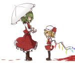  2girls ascot blonde_hair blood eye_contact flandre_scarlet green_hair hat kazami_yuuka kumo_(atm) long_sleeves looking_at_another mob_cap multiple_girls open_clothes open_vest parasol puffy_short_sleeves puffy_sleeves red_eyes shirt short_hair short_sleeves simple_background skirt touhou umbrella vest white_background wings 