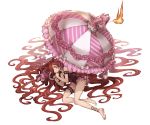  1girl absurdly_long_hair anna_(granblue_fantasy) arm_garter barefoot candlelight fire frills garters granblue_fantasy holding long_hair lying minaba_hideo official_art redhead simple_background solo stuffed_animal stuffed_toy swimsuit umbrella very_long_hair white_background 