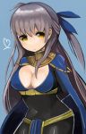  1girl :o blue_background bodysuit breasts cape cleavage fire_emblem fire_emblem:_akatsuki_no_megami hair_ribbon long_hair looking_at_breasts micaiah navel ribbon silver_hair simple_background solo toi_(toiot) yellow_eyes 