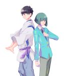  2boys black_hair bowl_cut cosplay costume_switch cowboy_shot formal green_hair haku height_difference highres irino_miyu japanese_clothes male_focus multiple_boys osomatsu-kun osomatsu-san seiyuu_connection sen_to_chihiro_no_kamikakushi stretch suit todomatsu white_background 