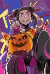  1girl black_hair from_above glowing glowing_eye halloween han_juri highres jack-o&#039;-lantern nail_polish short_twintails sketch solo stalkeralker street_fighter trick_or_treat twintails violet_eyes 