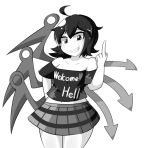  1girl ahoge asymmetrical_wings bare_shoulders clothes_writing collarbone cosplay grin hecatia_lapislazuli hecatia_lapislazuli_(cosplay) hips houjuu_nue looking_at_viewer manorea middle_finger monochrome off-shoulder_shirt shirt short_hair sketch skirt smile solo touhou wings 