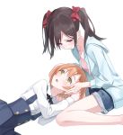  2girls bangs black_hair blush bow closed_mouth d: dress eye_contact hair_bow hair_ornament hairclip hood_down hoodie hoshizora_rin lap_pillow long_hair looking_at_another looking_at_viewer looking_down looking_up love_live!_school_idol_project lying multiple_girls on_side open_mouth orange_hair red_eyes shirt short_hair shorts simple_background sitting twintails white_background white_shirt yazawa_nico yellow_eyes yuri 