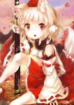  1girl animal_ears autumn_leaves bare_shoulders bridal_gauntlets clouds cloudy_sky detached_sleeves geta hat hat_ribbon inubashiri_momiji katana long_sleeves looking_at_viewer open_mouth pom_pom_(clothes) red_eyes ribbon ribbon-trimmed_sleeves ribbon_trim scarf shirt short_hair silver_hair skirt sky solo sword tail tokin_hat touhou umagenzin weapon wide_sleeves wolf_ears wolf_tail 