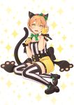  1girl absurdres ameyame animal_ears bare_arms cat_ears cat_tail choker collarbone fake_animal_ears fang fingerless_gloves gloves highres hoshizora_rin kemonomimi_mode light_brown_hair love_live!_school_idol_project open_mouth paw_pose ribbon_choker sash shirt shorts sitting sleeveless sleeveless_shirt smile solo striped striped_legwear tail thigh-highs wrist_bow yellow_eyes yellow_gloves 