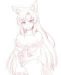  1girl bare_shoulders breasts brooch cleavage gomi_(gomitin) imaizumi_kagerou jewelry large_breasts lineart long_hair long_sleeves looking_at_viewer monochrome off_shoulder shirt skirt smile solo touhou very_long_hair wide_sleeves wolf 
