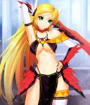  1girl amane_satsuki arm_up armpits asymmetrical_legwear blonde_hair breasts collar collarbone detached_sleeves emerald gem green_eyes groin hand_behind_head hand_on_hip headwear holding_sword holding_weapon jewelry long_hair midriff navel original pelvic_curtain revision ring ruby_(stone) showing_armpits smile solo spiked_collar spikes sword thigh-highs under_boob very_long_hair weapon 