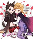  2boys animal_ears black_hair blonde_hair boots braid candy cape claws crop_top earrings fang giorno_giovanna guido_mista happy_halloween jewelry jojo_no_kimyou_na_bouken knee_boots kneeling lollipop multiple_boys nekoremon petals ribbed_sweater sitting sweater tail violet_eyes white_boots wolf_ears wolf_paws wolf_tail yellow_eyes 