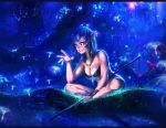  1girl agnidevi avatar_(movie) blue blue_eyes blue_hair blurry branch breasts cat cleavage depth_of_field feathers forest highres jewelry large_breasts letterboxed nature necklace neytiri night pointy_ears polearm scenery science_fiction seed sitting smile solo spear tree weapon 