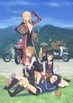  &gt;:) 5girls ;) absurdres arm_up bangs bessho_anri bicycle_basket bikesuit black_hair black_legwear black_shoes black_skirt blonde_hair blue_eyes blue_sky blunt_bangs blush bodysuit box breasts brown_hair cardigan coffee_cup coffee_maker_(object) cup cynthia_b_rogers dirt_road dog full-length_zipper glasses goggles goggles_on_head grass hand_on_hip highres holding holding_animal holding_cup hug hug_from_behind jacket kaburagi_sayo kneehighs kneeling kuroboshi_kouhaku loafers long_hair long_legs long_sleeves looking_at_viewer lying maezono_rie miniskirt motor_vehicle motorcycle mountain multiple_girls neck_ribbon no_bra official_art on_back on_ground one_eye_closed one_off outdoors parted_bangs pleated_skirt puppy railing red_eyes ribbon road salute school_uniform scooter shiozaki_haruno shirt shoes sitting skirt sky smile standing tall track_jacket twintails vehicle vest white_shirt wince yokozuwari zipper 