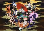  92m animal_ears bare_shoulders bow_(weapon) breasts character_request cleavage hair_ornament highres horse japanese_clothes katana kimono kisuke kongiku lantern leaf leaf_on_head momohime multiple_boys multiple_girls oboro_muramasa paper_lantern sayo scarf shell silver_hair sword torahime umbrella weapon yagyuu_yukinojou yuzuruha 